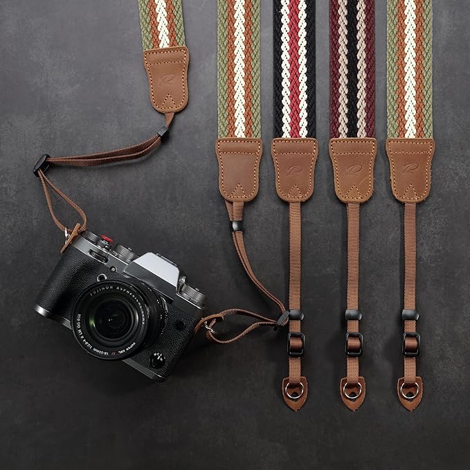 Padwa Lifestyle Stripes Camera Strap - 1.5" Crazy Horse Cowhide Head Soft Cotton Rope Weave Camera Straps for Photographers and All Cameras,Cute Adjustable Vintage Woven Strap for Adults & Kids