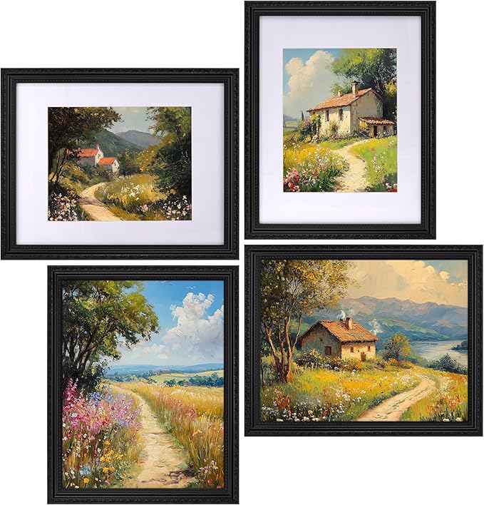 eletecpro 11x14 Picture Frames Set of 4, Vintage Frame with Glass Cover, Gothic Black Photo Frames 11 x 14 Display 8x10 Photo with Mat or 11x14 without Mat for Tabletop or Wall Decor, Black