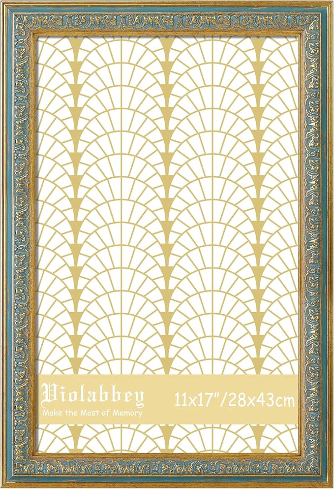 VIOLABBEY 11x17 Picture Frame Blue, Vintage Photo Frames Ornate without Mat for Wall Hanging