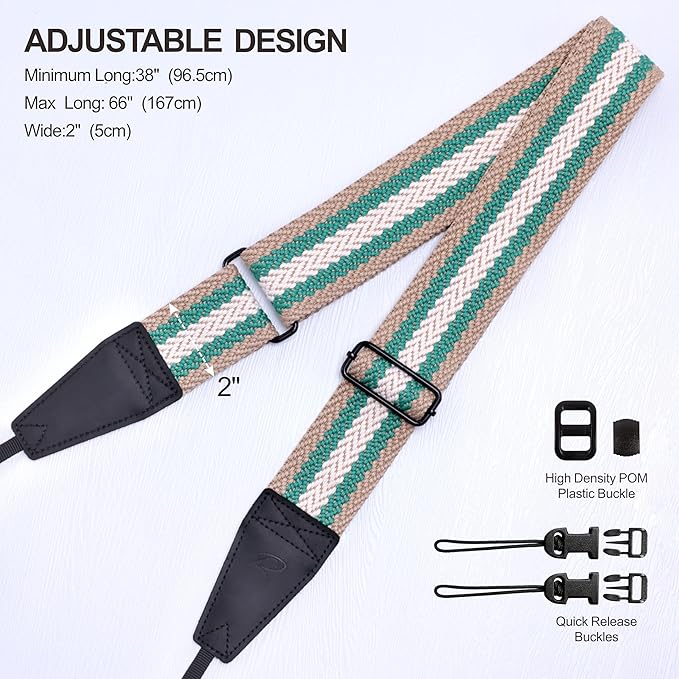 Padwa Lifestyle Adjustable Camera Strap - 2" Top Layer Cowhide Head Camera Straps for Photographers,Soft Cotton Rope Crossbody Strap with Quick Release fits All Cameras - Green White Stripe