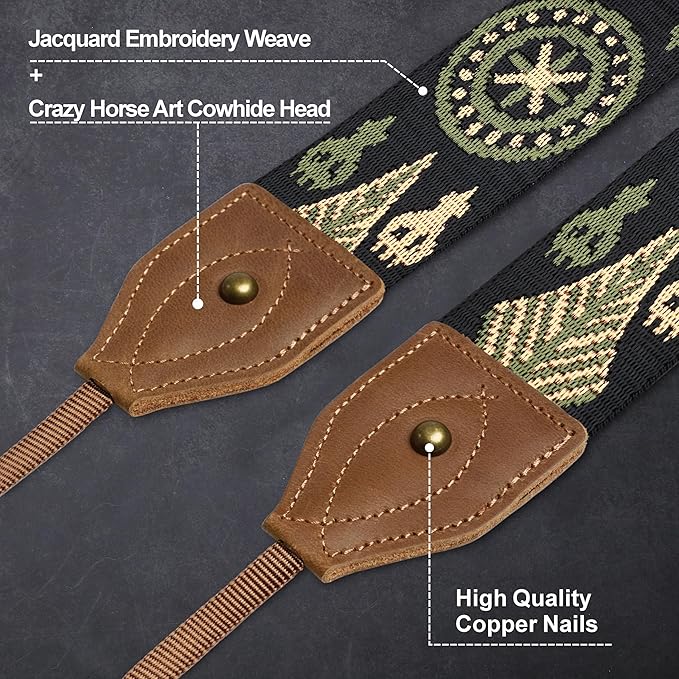 Padwa Lifestyle 2" Wide Classic Crazy Horse Art Cowhide Head Camera Strap - Jacquard Embroidery Floral Vintage Camera Straps for Photographers Gift, Adjustable Shoulder Neck Strap Fits DSLR Cameras