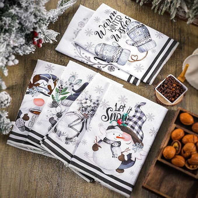 Preboun 6 Pcs Hello Winter Kitchen Towels Snowman Gnome Dish Snowflake Tea Christmas Hand Drying Towels Baking Cooking Cloth for Kitchen Bathroom Decor
