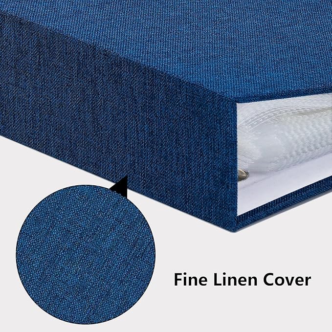 Archival photo album with blue fine linen cover, close-up texture shown.