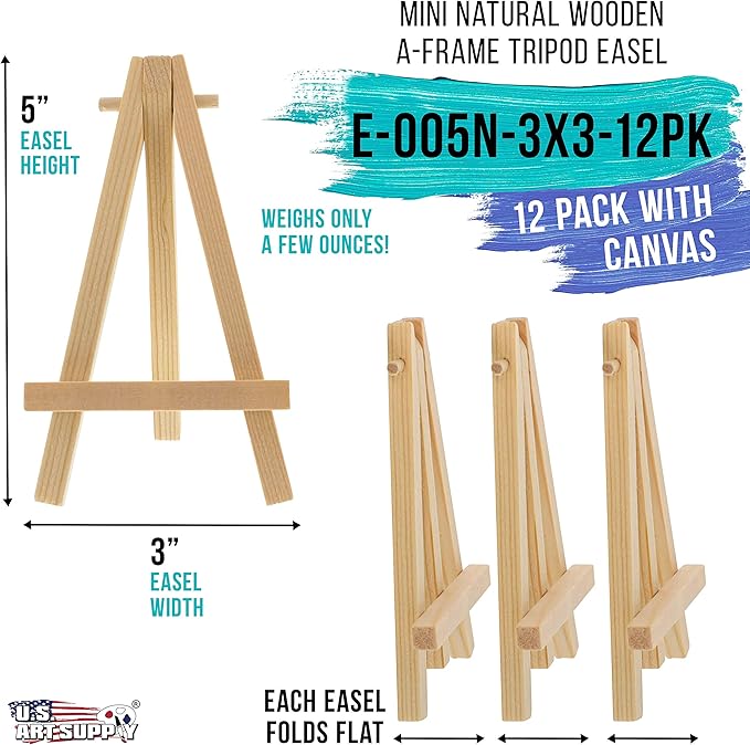U.S. Art Supply 3" x 3" Stretched Canvas with 5" Mini Easel Kit (12 Pack) - Natural Wooden A-Frame Tabletop Display Stand, Mini Easel Stand - Small Easels for Display, Small Canvases, Crafts, Photos