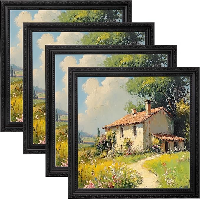 eletecpro 12x12 Picture Frames Set of 4, Vintage Frame with Glass Cover, Rustic Photo Frames 12 x 12 Display 8x8 Photo with Mat or 12x12 without Mat for Home Wall Decor, Black