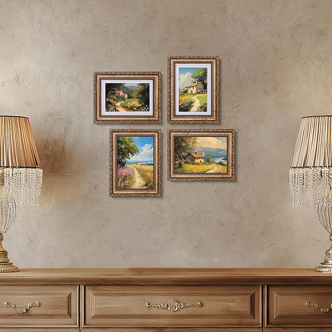 eletecpro 5x7 Picture Frames Set of 4, Gold Frames with Glass Cover, Vintage Photo Frame 5 by 7 Displays 4x6 Photo with Mat or 5x7 without Mat for Tabletop or Wall Decor, Bronze Gold