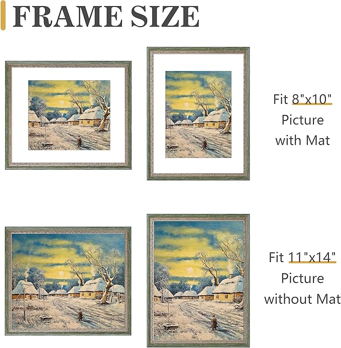 VIOLABBEY 11x14 Picture Frame Green Gold, Display 8x10 Photo with Mat or 11x14 without Mat, Ornate Vintage 11 x 14 Frame for Wall Decor or Tabletop Display, Green Gold