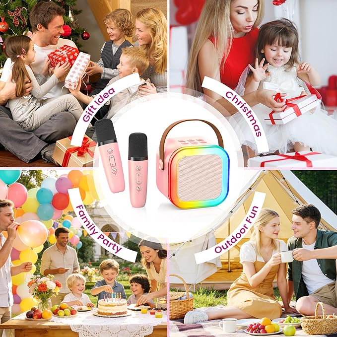 Karaoke Machine for Kids Adults, Portable Bluetooth Mini Karaoke Microphone Singing Speaker with 2 Mic and Light,Toys for All Smartphones,Birthday, Family,Home Party (Pink)