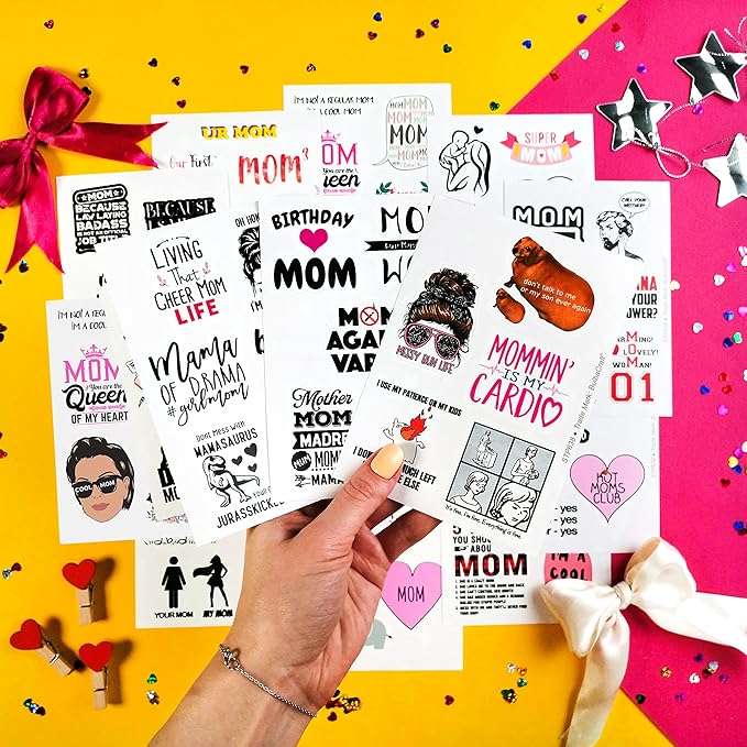 BulbaCraft 100 Pcs Funny Mom Stickers for Water Bottles - Mama Sticker, Funny Gifts for Mom, Mother Decals, Mothers Day Laptop Decals, Gifts for Women & Men
