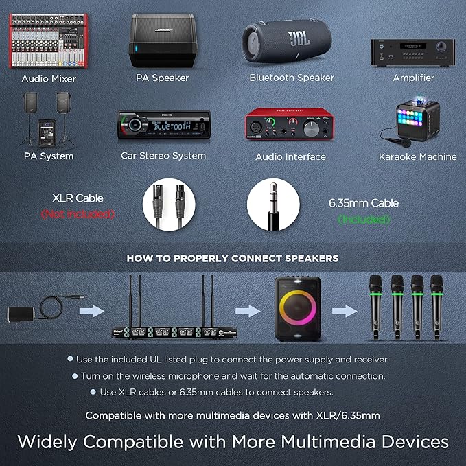 Bietrun 8-Channel Wireless Microphone System with 8 Rechargeable Mics Wireless, UHF 295ft Range, Professional Metal Cordless Dynamic Vocals Mics for Adults,Karaoke Party,Singing,Church,(Auto Connect)