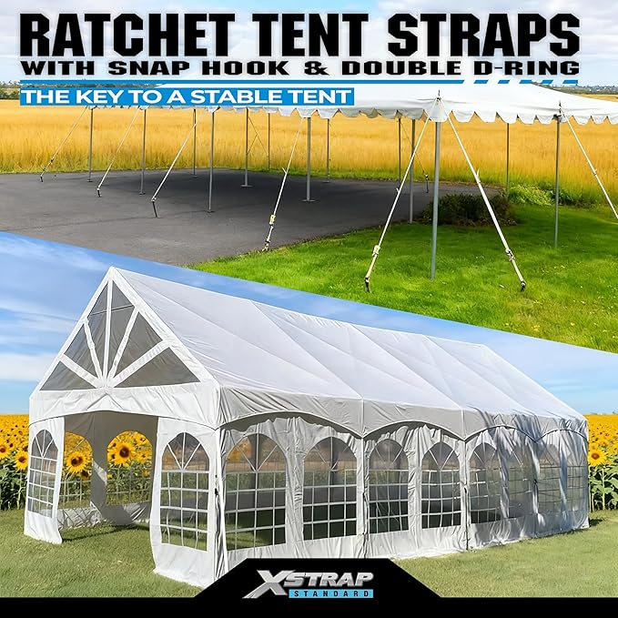 XSTRAP STANDARD 4PK 1" Ratchet Tent Straps with Snap Hook & Double D-Ring - 12ft Heavy Duty Tie Downs for Canopies, Tents, Inflatables, Camping, Event
