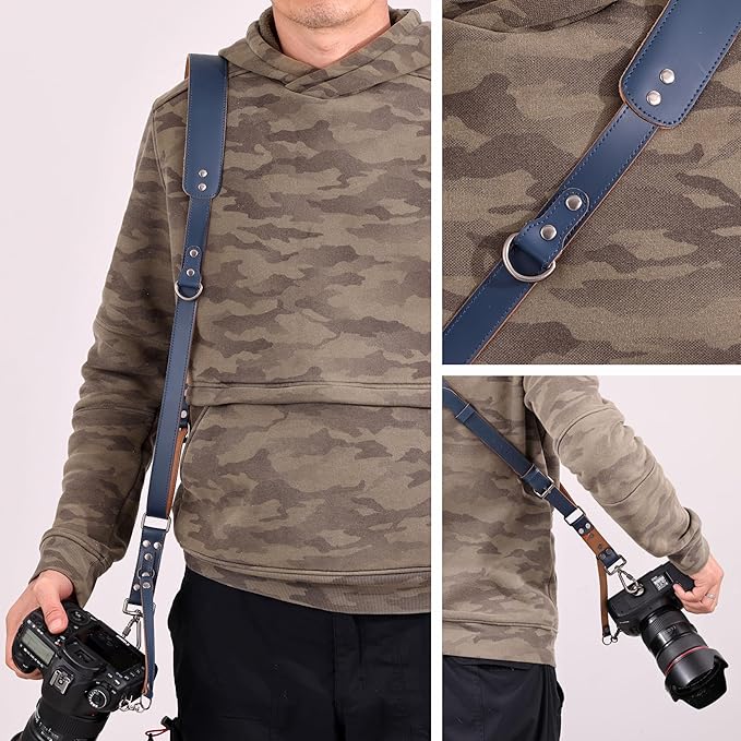 Padwa Lifestyle Blue Single Camera Harness Strap for One Camera - Professional Single Full Grain Leather Camera Harness,Quick Release Gear DSLR Camera Straps for Photographers