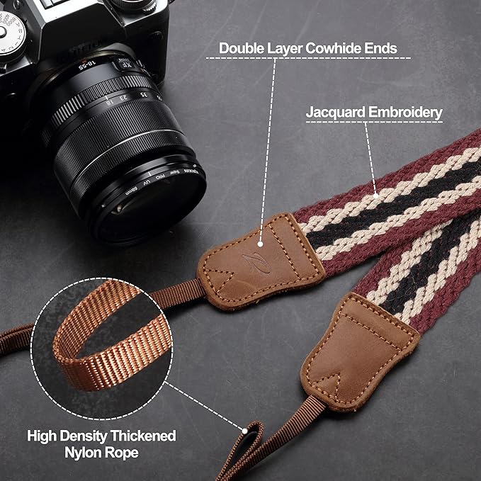 Padwa Lifestyle Stripes Camera Strap - 1.5" Crazy Horse Cowhide Head Soft Cotton Rope Weave Camera Straps for Photographers and All Cameras,Cute Adjustable Vintage Woven Strap for Adults & Kids