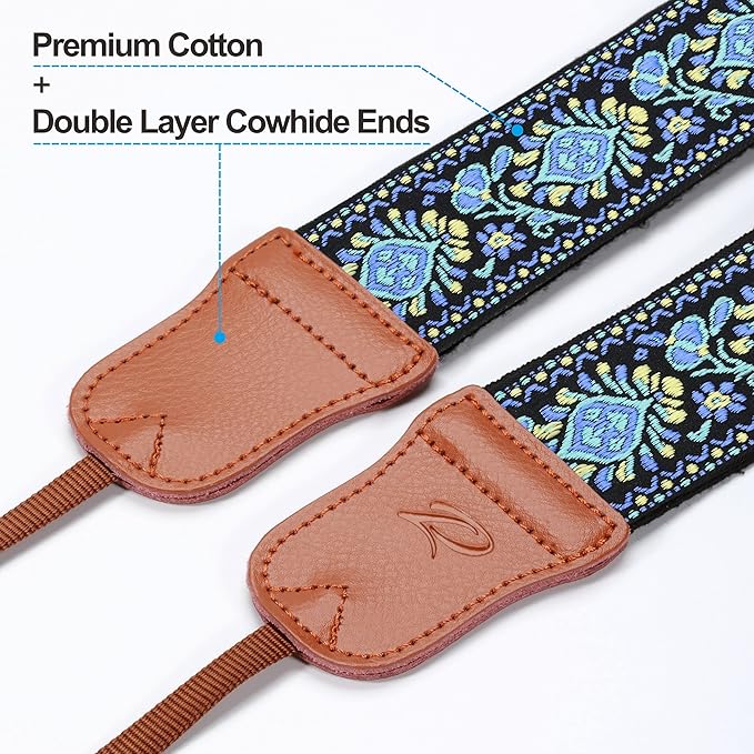 Padwa Lifestyle Camera Strap - 2" Wide Double Layer Cowhide Head Camera Straps for Photographers, Universal Neck & Shoulder Cotton Padded Vintage Strap for All DSLR Cameras（Blue Embroidery Floral）