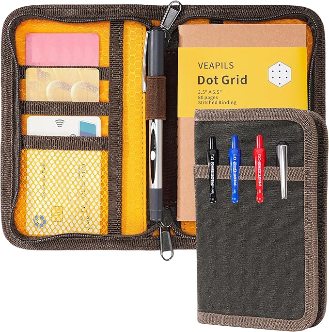 Pocket Journal Cover with Field Book, Waterproof Pocket Notebook Cover with Zipper for Journal Planner, Small Notebook Holder for Field Notes & Moleskine Cahier 3.5" x 5.5" - Mini Field Journal