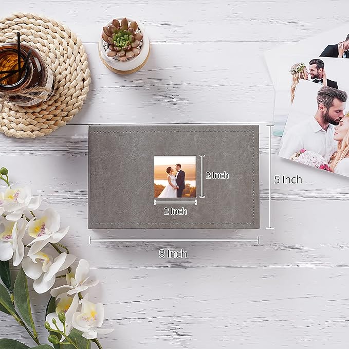 potricher Small Photo Album 4x6 100 Photos Leather Cover Picture Book with 100 Horizontal Pockets for Family Wedding Anniversary and Baby (Gray)