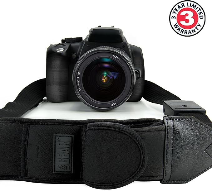 USA Gear Camera Sling Shoulder Strap with Adjustable Neoprene, Safety Tether, Accessory Pocket, Quick Release Buckle - Compatible with Canon, Nikon, Sony and More DSLR and Mirrorless Cameras (Black)