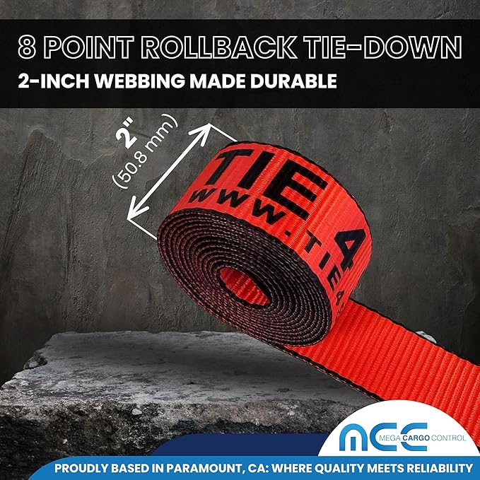 Mega Cargo Control Red Heavy Duty 8 Point Tie Down RollBack Tow Set with Ratchet Chain Extension - Side Mount Towing Straps for Flatbed, Truck, Trailer