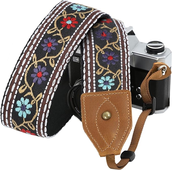 Padwa Lifestyle 2" Wide Classic Crazy Horse Art Cowhide Head Camera Strap - Jacquard Embroidery Floral Vintage Camera Straps for Photographers Gift, Adjustable Shoulder Neck Strap Fits DSLR Cameras