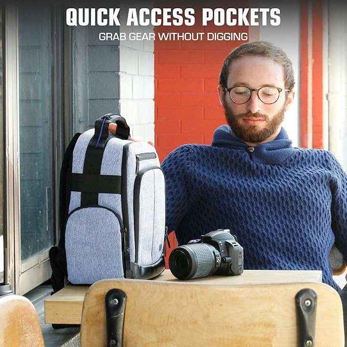 USA Gear Portable Camera Backpack for DSLR with Customizable Accessory Dividers, Weather Resistant Bottom and Comfortable Back Support - Compatible with Canon, Nikon, Sony, Fujifilm, and More (Blue)