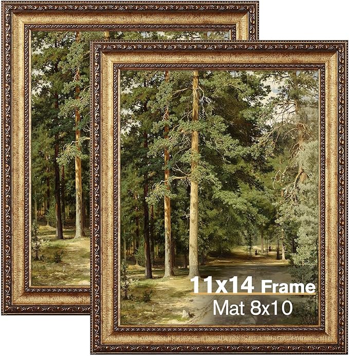 11x14 Gold Picture Frame, 2 Pack Ornate Vintage Picture Frames for Wall or Tabletop Display, 11 x 14 Photo Frame Gold with Real Glass, Display Poster 8x10 with Mat or 11x14 without Mat for Antique Déco