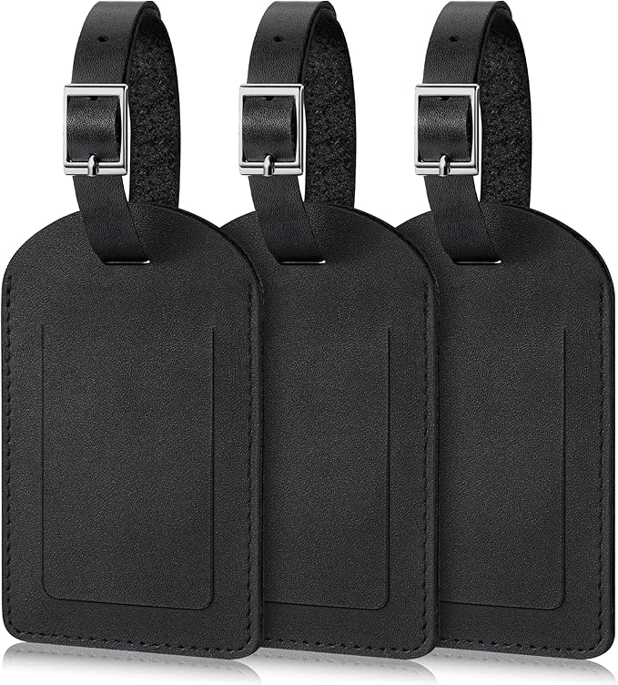 Mayski Genuine Leather Luggage Tags for suitcases, 3 Pack Durable Travel Bag Tags with Privacy Flap, Travel Essentials TSA Approved, Black