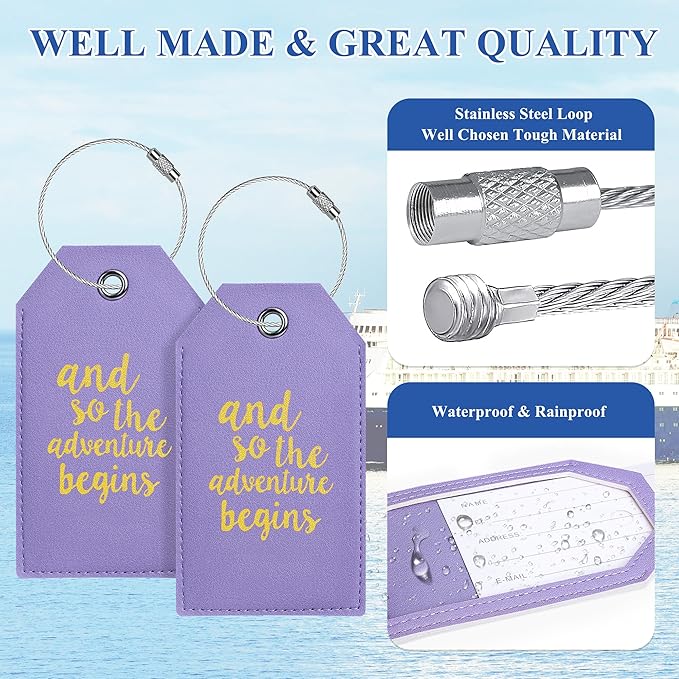 Luggage Tag & Initial Baggage Tags for Suitcases Leather Bag Tags for Backpacks Handbag School Instrument with Name ID Label Travel Essentials, Unique Fun Purple Personalized Luggage Tags 2 Pack