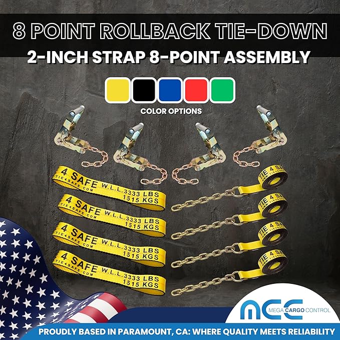 Mega Cargo Control Yellow Roll Back Tie Down System Chain Ends 8 Point Tie Down Kit for Car Hauler Carrier Tow Truck