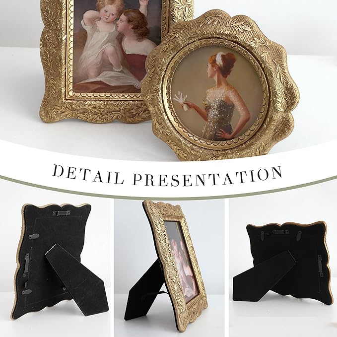 Standing Desk Photo Frame 4 by 6，Vintage Picture Frame 4x6,Luxury Photo Frames with Glass Front, Tabletop Wall Hanging, Gift Idea