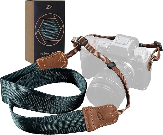 Padwa Lifestyle Dark Blue Green Camera Strap -Double Layer Crazy Horse Cowhide End,1.5" Wide Pure Cotton Woven Camera Straps,Adjustable Neck Shoulder Strap for All DSLR Cameras,Gift for Photographers