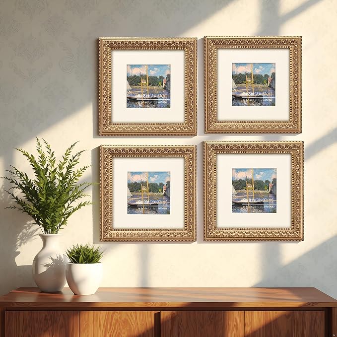 8x8 in Antique Gold Ornate Vintage Wood Picture Frame, Matted for 5x5 Photos, Real Glass Protection, Tabletop or Wall Mounting Display
