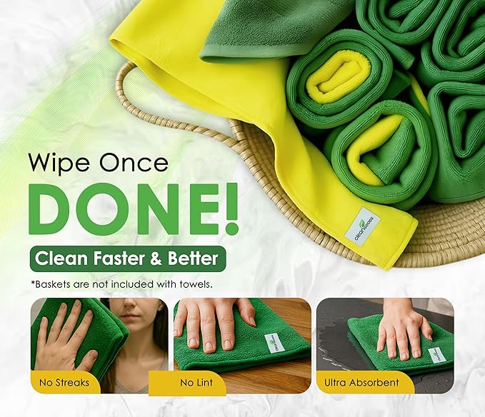 Microfiber Cleaning Cloths 16"x16" - Ultra Absorbent Cleaning Rags for Housekeeping - Reusable Microfiber Towels in Yellow and Green - Detailing Supplies for Kitchen Car Windows 5 Pack