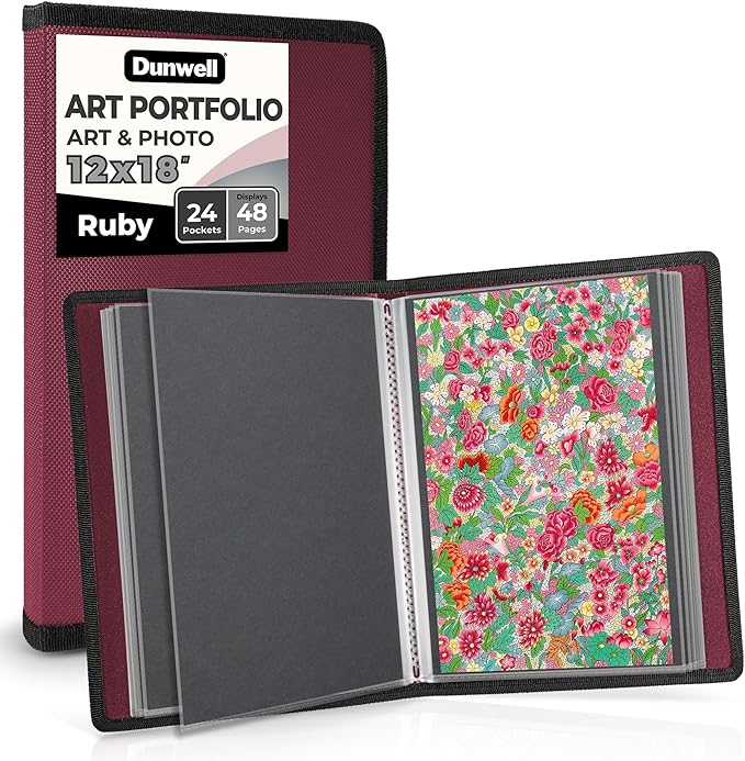 Dunwell 12x18 Art Portfolio Binder with Black Mounting Paper (Ruby), Large Portfolio Folder for Artwork Storage, 24 Sleeves Display 48 Pages, Acid-Free Poly 12 x 18 Presentation Book