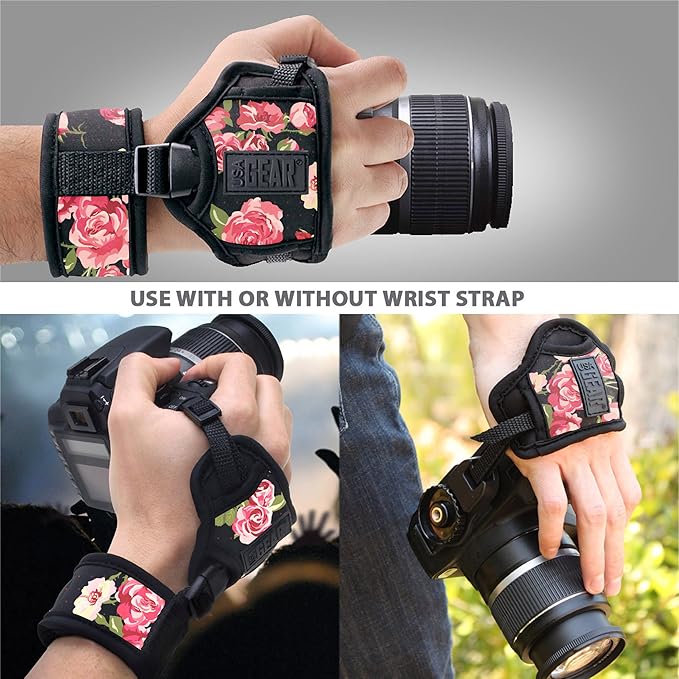 USA Gear DualGRIP Professional Grip Camera Hand Strap with Neoprene Design and Metal Plate - Compatible with Canon, Fujifilm, Nikon, Sony, and more DSLR, Mirrorless, Point & Shoot Cameras (Floral)