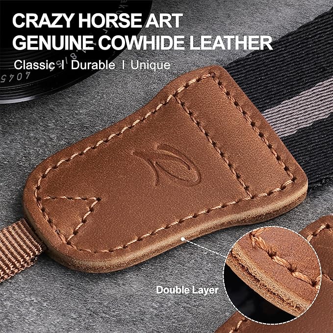 Padwa Lifestyle Black Grey Stripes Camera Strap - Double Layer Crazy Horse Cowhide End,1.5" Wide Pure Cotton Camera Straps,Adjustable Neck Shoulder Strap for All DSLR Cameras,Gift for Photographers