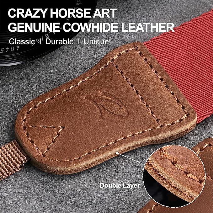 Padwa Lifestyle Red Camera Strap - Double Layer Crazy Horse Cowhide End,1.5" Wide Pure Cotton Woven Camera Straps,Adjustable Neck Shoulder Strap for All DSLR Cameras,Gift for Photographers