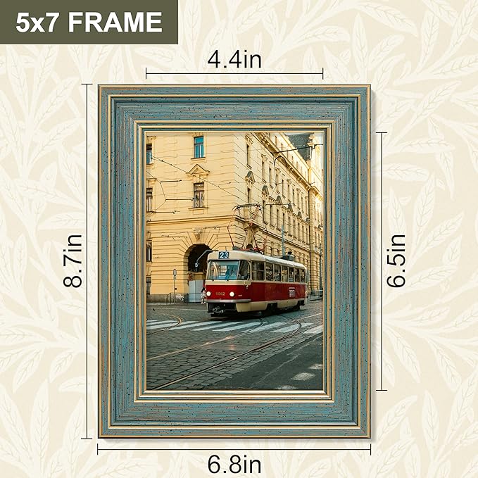 Vittanly 5x7 Picture Frame Set of 4, Vintage Photo Frame for Wall or Tabletop, Display 5x7 Pictures, Rustic Farmhouse Home Decor, Blue
