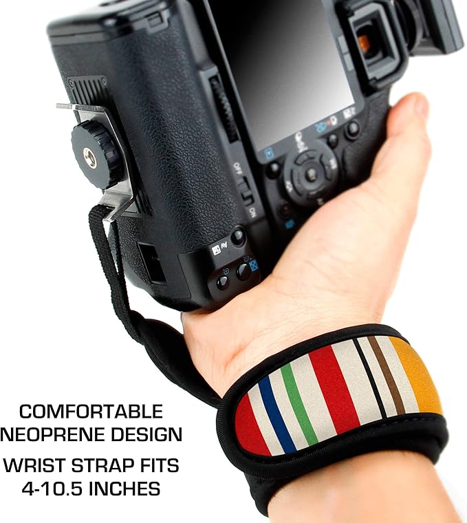 USA Gear DualGRIP Professional Grip Camera Hand Strap with Neoprene Design and Metal Plate - Compatible with Canon, Fujifilm, Nikon, Sony, and more DSLR, Mirrorless, Point & Shoot Cameras (Striped)
