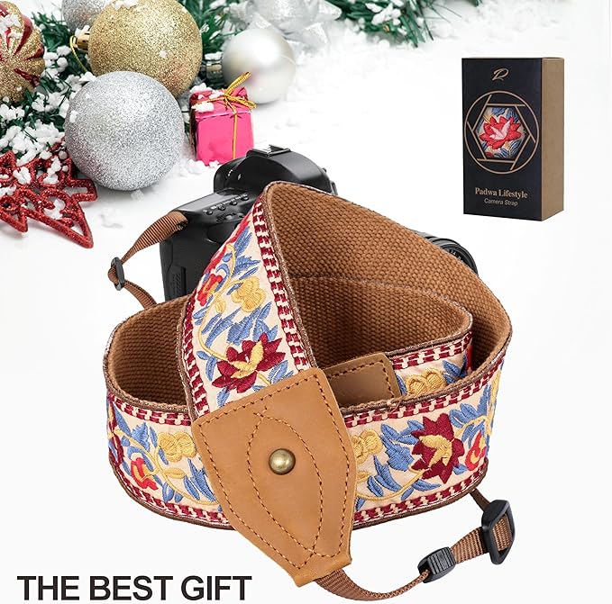 Padwa Lifestyle 2" Wide Classic Crazy Horse Art Cowhide Head Camera Strap - Jacquard Embroidery Floral Vintage Camera Straps for Photographers Gift, Adjustable Shoulder Neck Strap Fits DSLR Cameras
