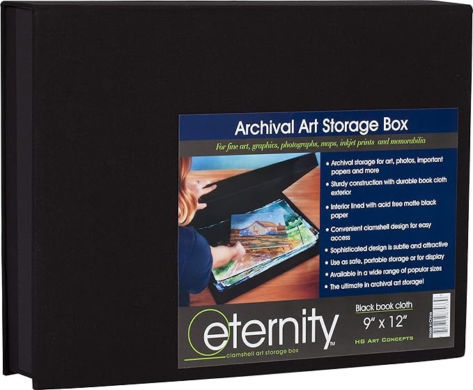 HG Concepts Art Photo Storage Box Eternity Archival Clamshell Box For Storing Artwork, Photos & Documents Deluxe Acid-Free Sturdy & Lined With Archival Paper - [Black - 9" x 12"]
