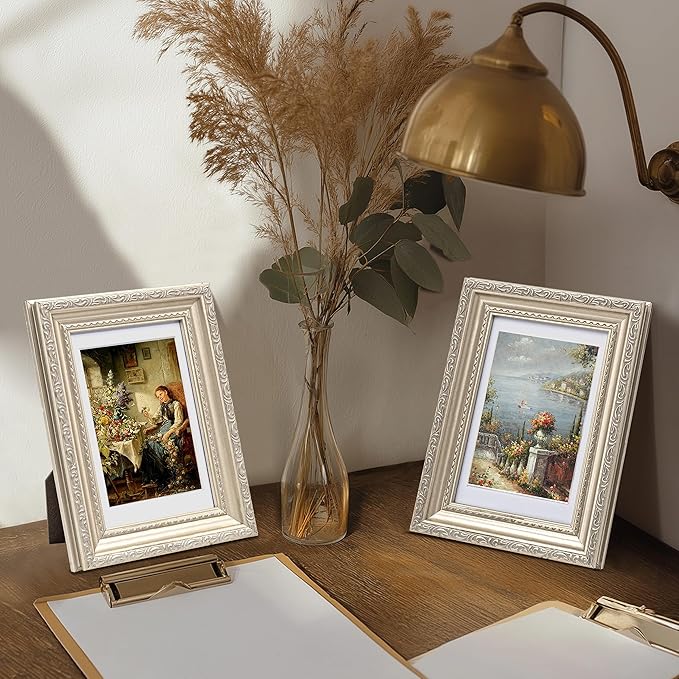 eletecpro 4x6 Picture Frames Set of 4, Vintage Frames with Glass Cover, Ornate Photo Frame Displays 3.5x5 Photo with Mat or 4x6 without Mat for Tabletop or Wall Decor, Silver Beige