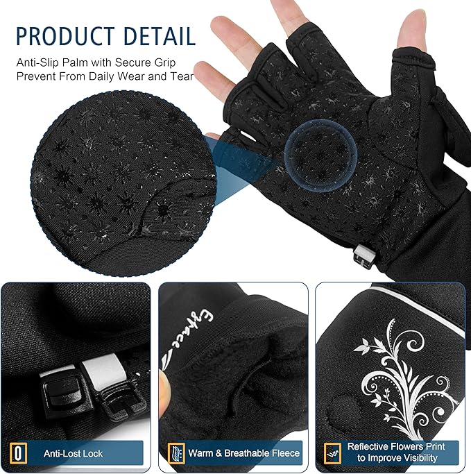 EZPACE Convertible Running Mittens for Women Cold Weather Fingerless Gloves Warm for Winter