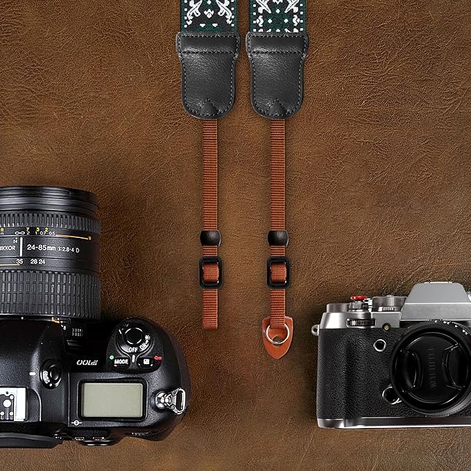 Padwa Lifestyle Camera Strap - 2" Cowhide Leather Head Cotton Camera Straps for Photographers,Vintage Jacquard Embroidery Adjustable Neck & Shoulder Strap for ALL DSLR/SLR Cameras (Green Flower)