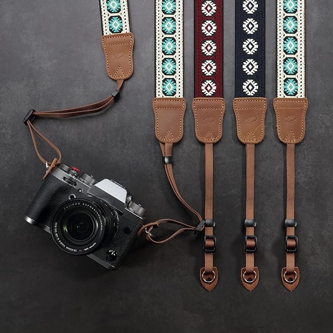 Padwa Lifestyle Camera Strap - 1.5" Crazy Horse Cowhide Head Cotton Strap,Vintage Embroidery Camera Straps for Photographers and All Cameras,Cute Adjustable Shoulder Neck Strap for Adults & Kids