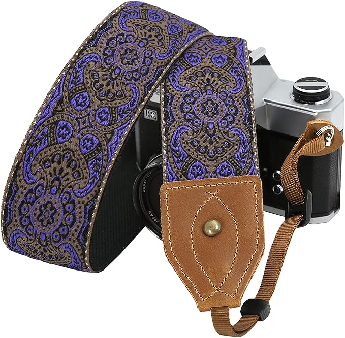 Padwa Lifestyle 2" Wide Classic Crazy Horse Art Cowhide Head Camera Strap - Jacquard Embroidery Floral Vintage Camera Straps for Photographers Gift, Adjustable Shoulder Neck Strap Fits DSLR Cameras
