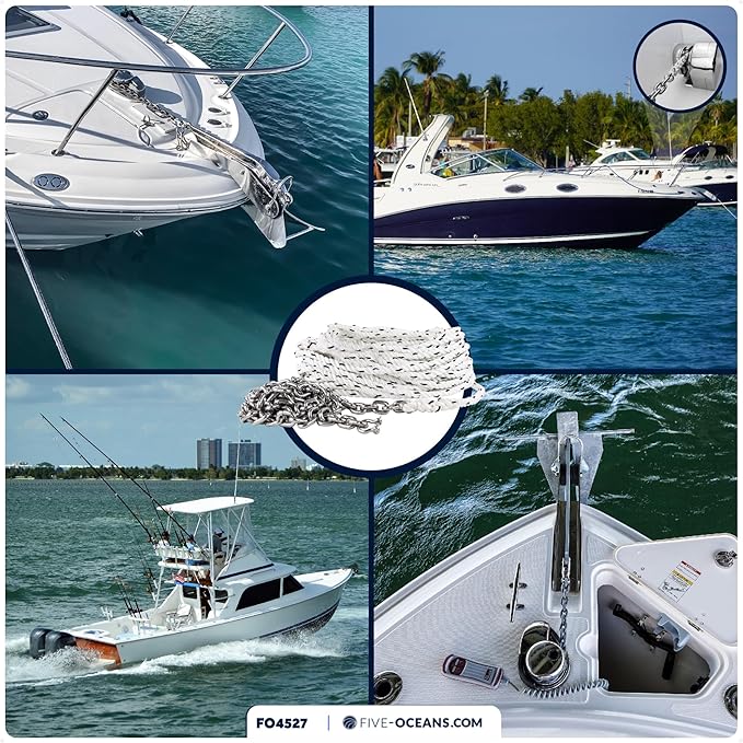 Five Oceans Windlass Anchor Rode, Hand-Spliced Anchor Rope and Chain Combination Kit, Nylon 3-Strand Rope, HT G4 Stainless Steel Chain for Boat Anchor System - Multiple Sizes