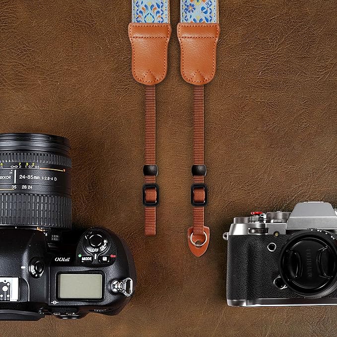 Padwa Lifestyle Blue Vintage Embroidered Camera Strap - 2" Pure Cotton Cowhide Ends Camera Straps for All DSLR/SLR Cameras, Adjustable Universal Strap,Great Gift for Men & Women Photographers