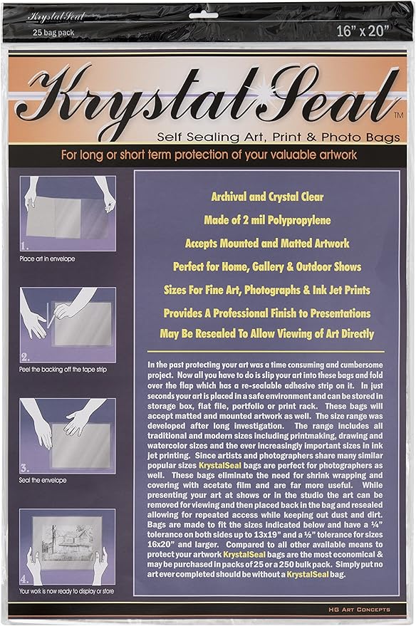 Creative Mark Krystal Seal Art and Photo Bags - Resealable Archival Storage Bags Art Sleeves Plastic Bag Used For Protecting Artwork Resealable With Adhesive Strip - [25 Pack - 16 x 20"]