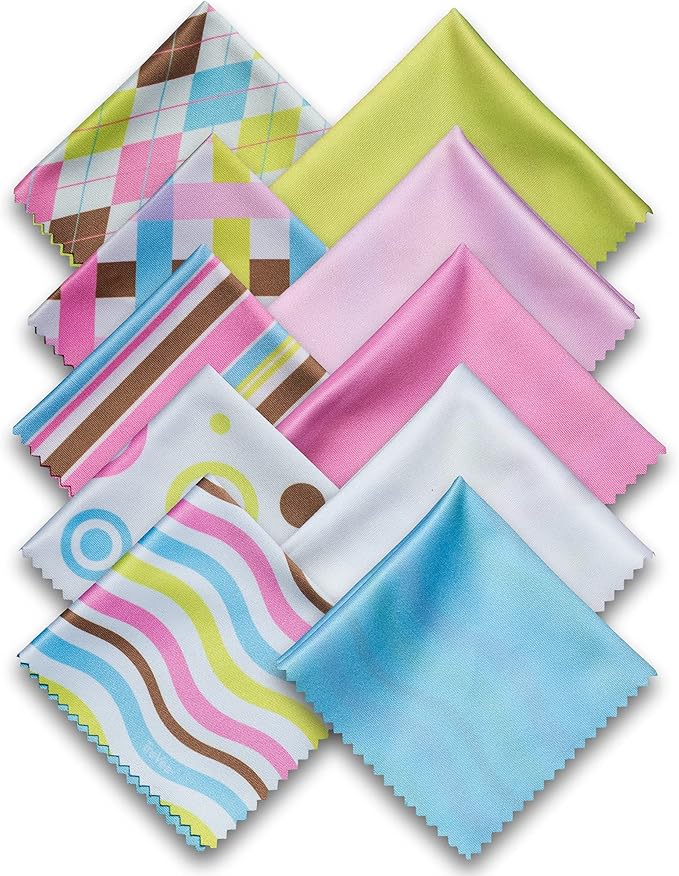 10 Pack Cute Geo-Design Multicolor Microfiber Cleaning Cloths for Cleaning Lenses, Eyeglasses, Sunglasses and Cell Phone, Beautifully Designed in Pastel Colors Blue, Pink, Green and White Cloth Wipes.