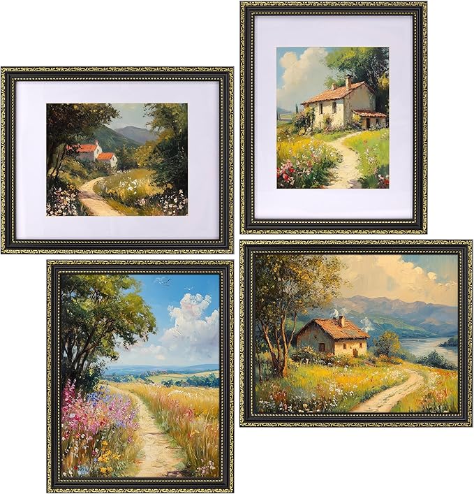 eletecpro 11x14 Picture Frames Set of 4, Vintage Frame with Glass Cover, Black Gold Photo Frames 11 x 14 Display 8x10 Photo with Mat or 11x14 without Mat for Tabletop or Wall Decor, Black Gold